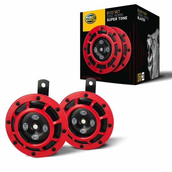 HELLA Supertone performance horns, a pair of round red disc horns with black grilles and mounting brackets, with their black and red box.