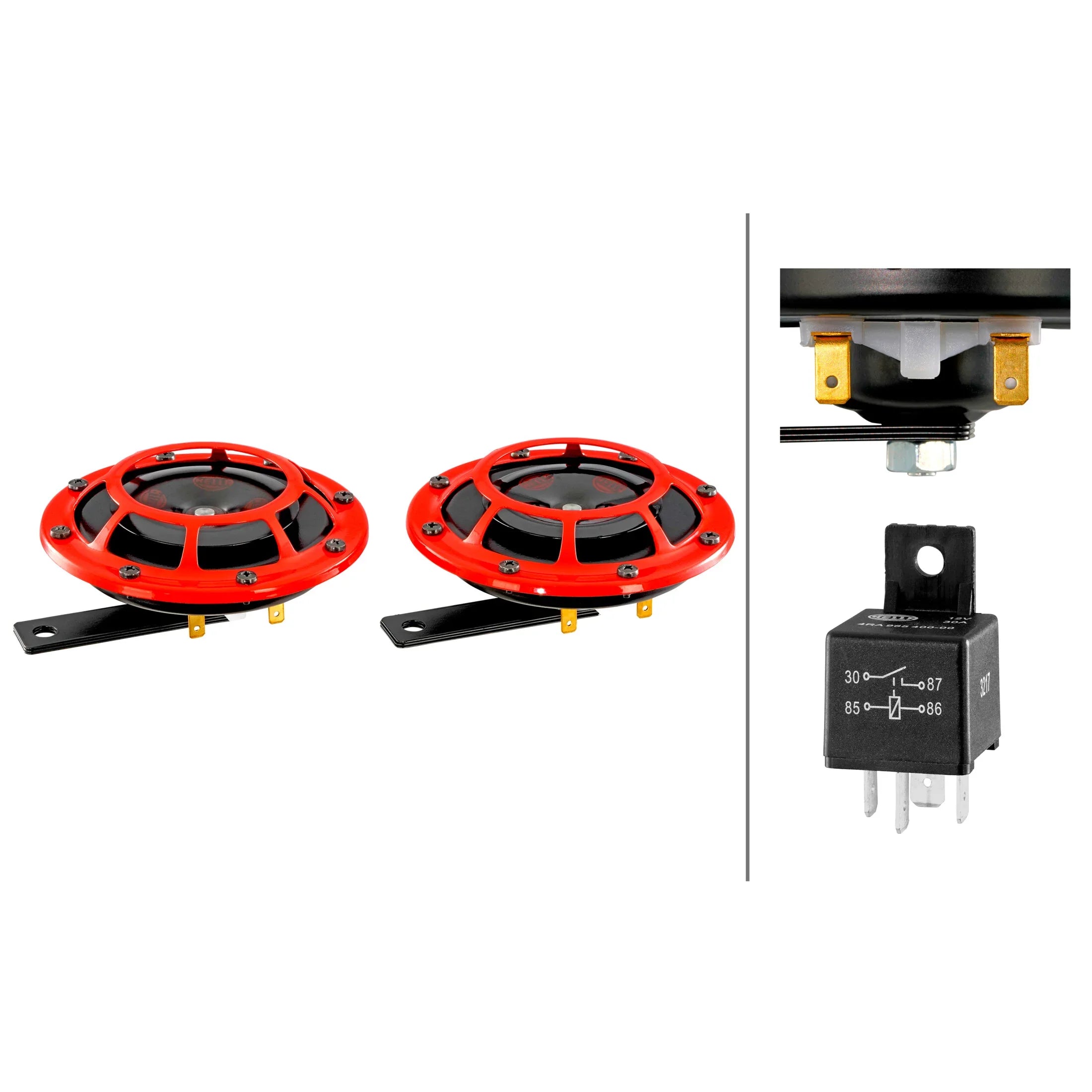 Red HELLA X-Treme Series LED driving lights with X-shape position, rugged housing, IP69K rated for off-road use.