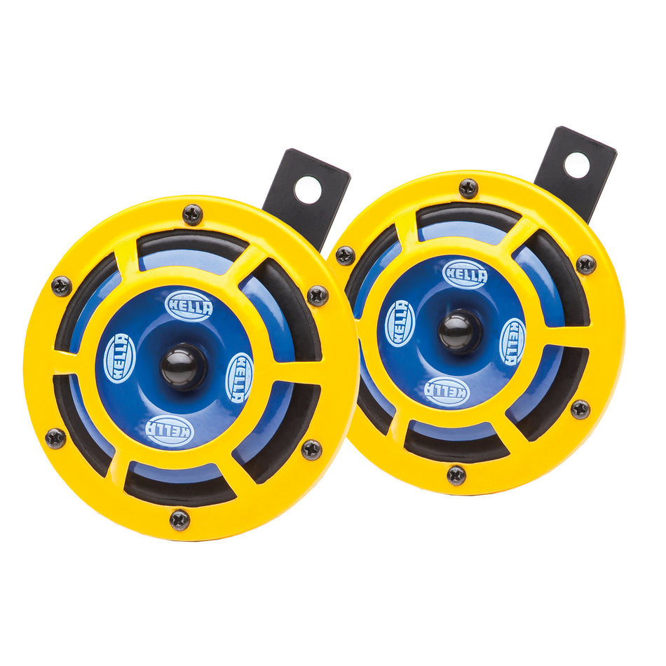 Pair of round HELLA Sharptone horns with yellow grilles, blue membranes, and black brackets.