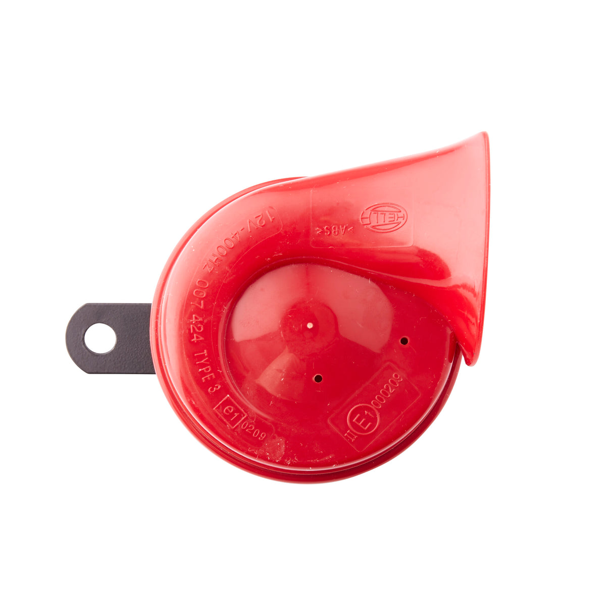 Red HELLA TE24 Trumpet Electric Twin Tone Style Horn with black mounting bracket.