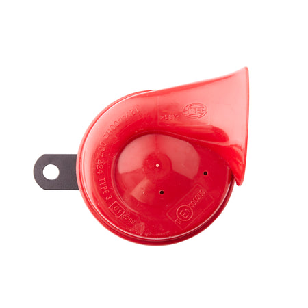 Red HELLA TE24 Trumpet Electric Twin Tone Style Horn with black mounting bracket.