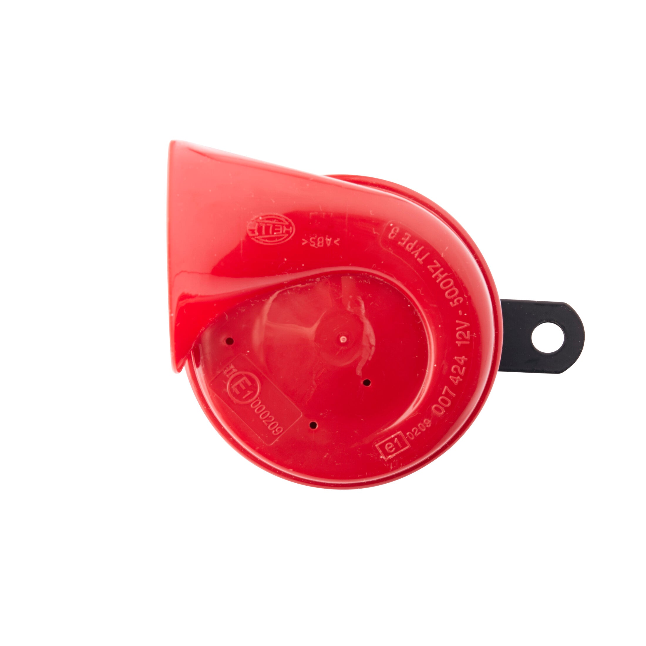 Red HELLA TE24 Trumpet Electric Twin Tone Style Horn with black mounting bracket.