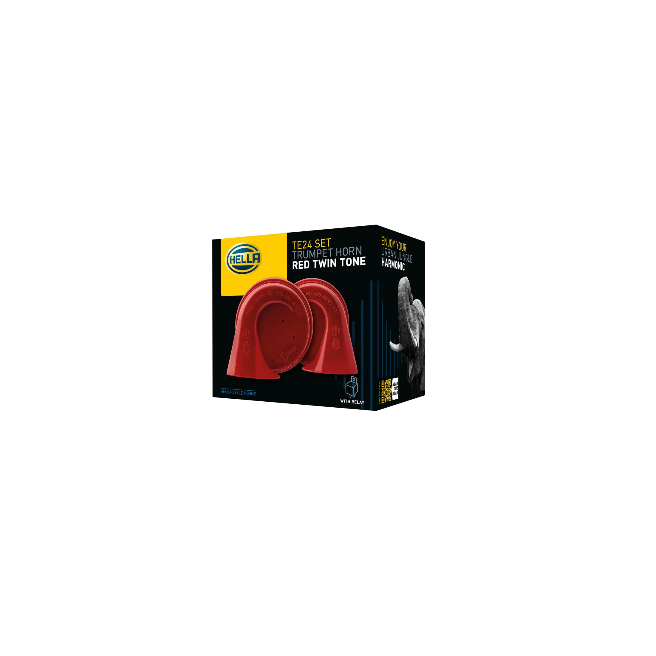 HELLA TE24 Trumpet Horn set, red twin-tone style, with relay, in black packaging.