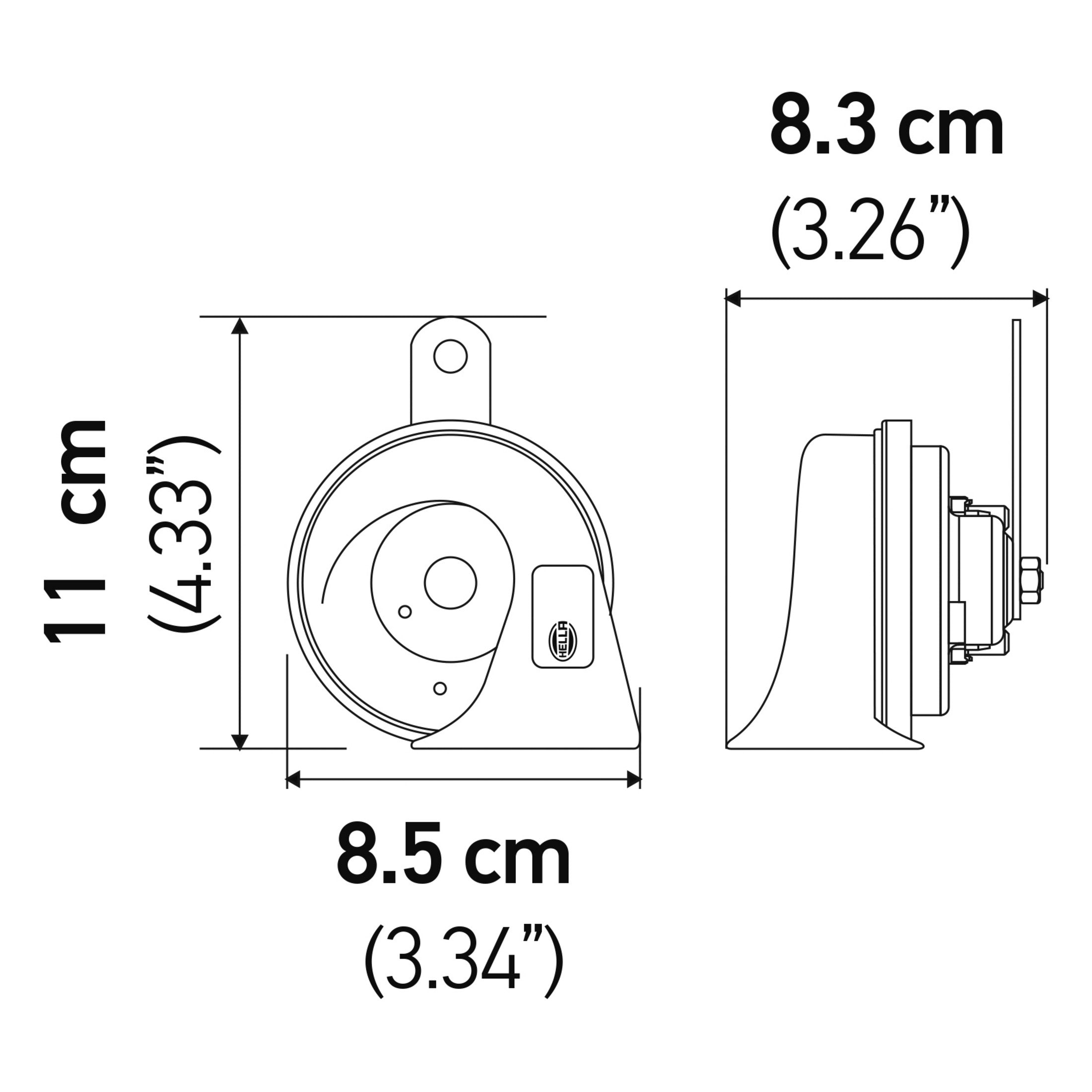 Line drawing of the TE24 Trumpet Electric Twin Tone Style Horn with dimensions: 11cm high, 8.5cm wide, 8.3cm deep.