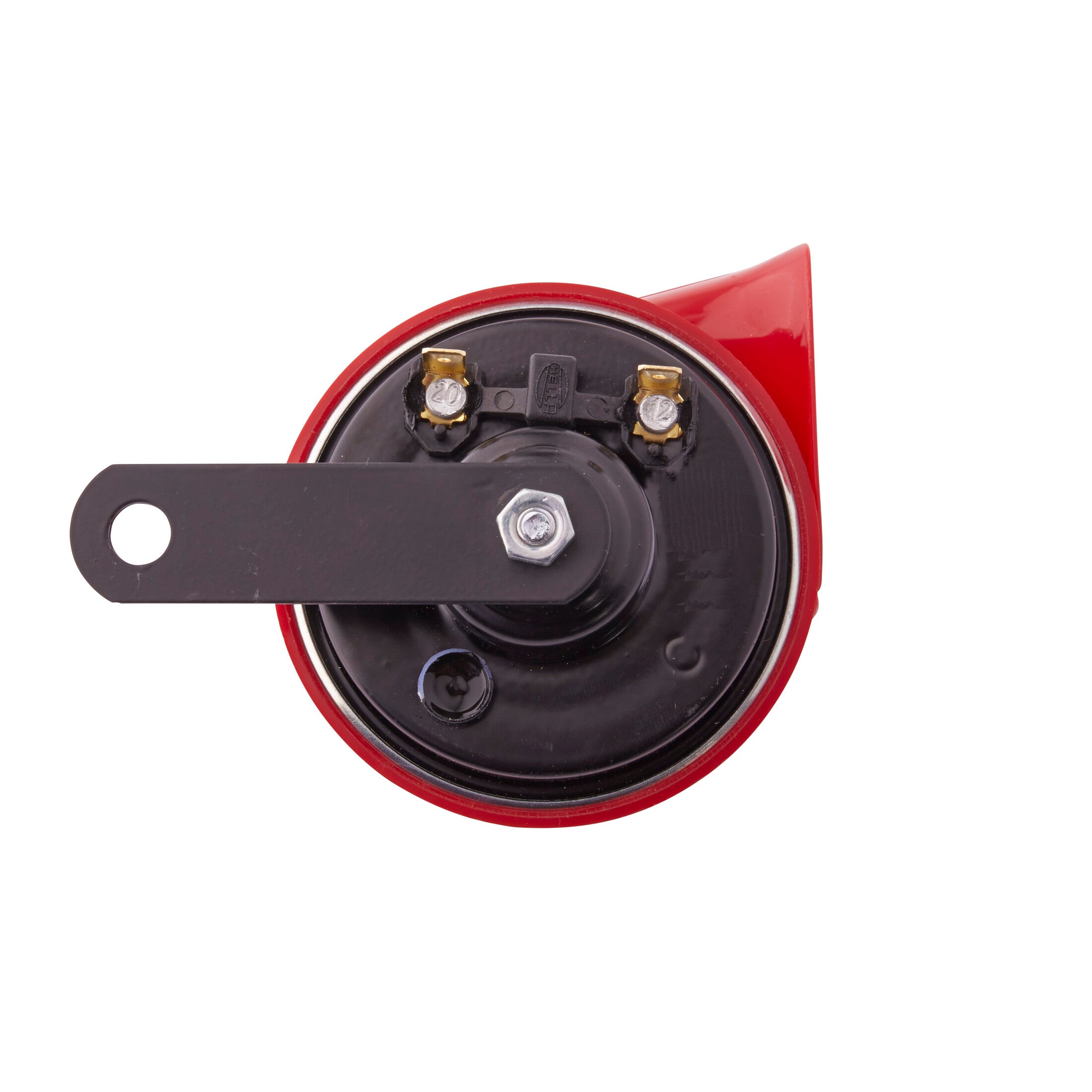Red and black TE24 Trumpet Electric Twin Tone Style Horn with a black galvanized metal mounting bracket.