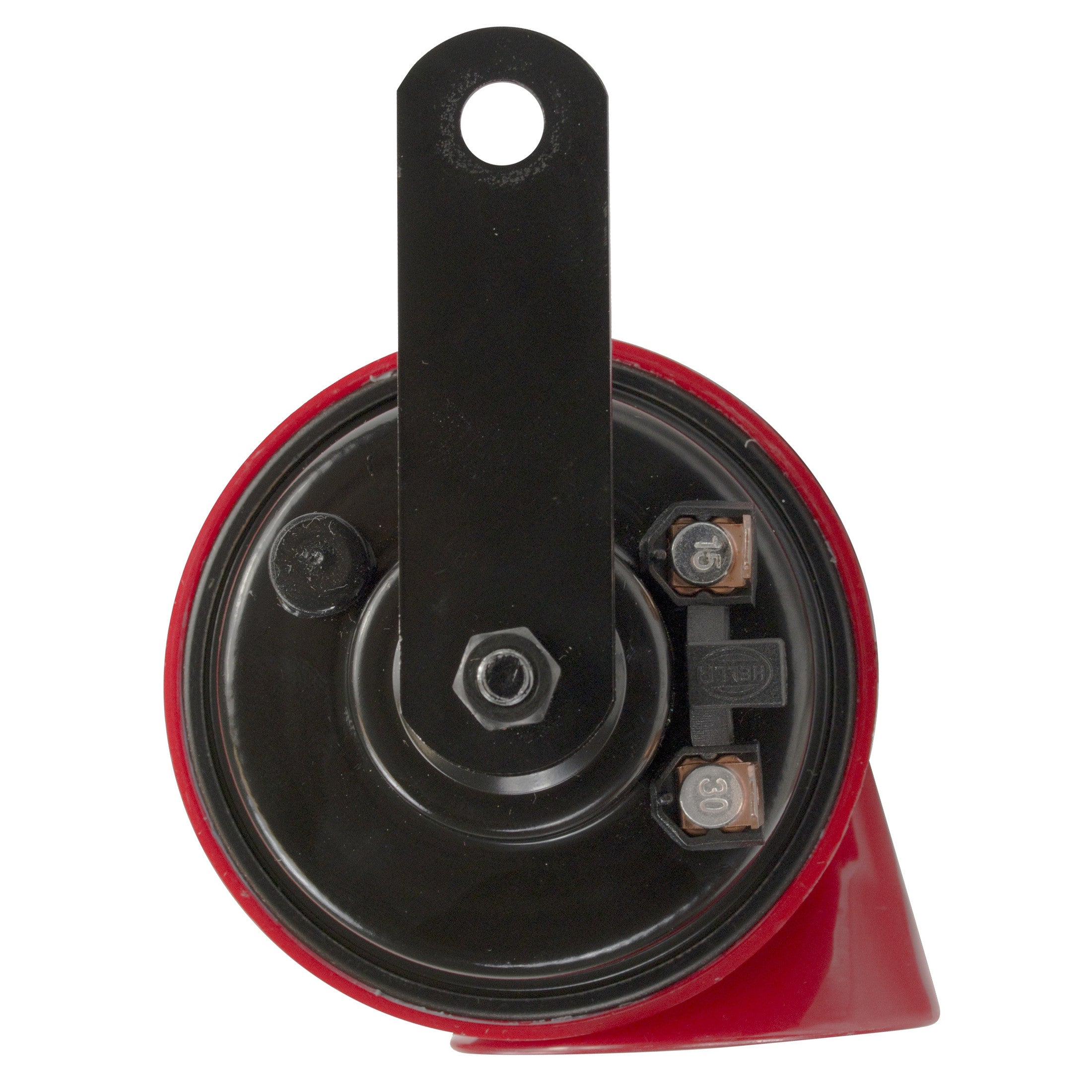 Red and black HELLA TE24 electric twin-tone style horn with a black galvanized metal mounting bracket.