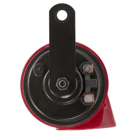 Red and black HELLA TE24 electric twin-tone style horn with a black galvanized metal mounting bracket.