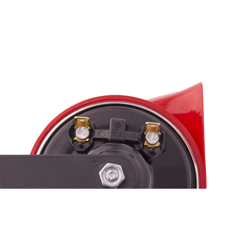 Close-up of a red and black TE24 Trumpet Electric Twin Tone Style Horn with metal terminals.