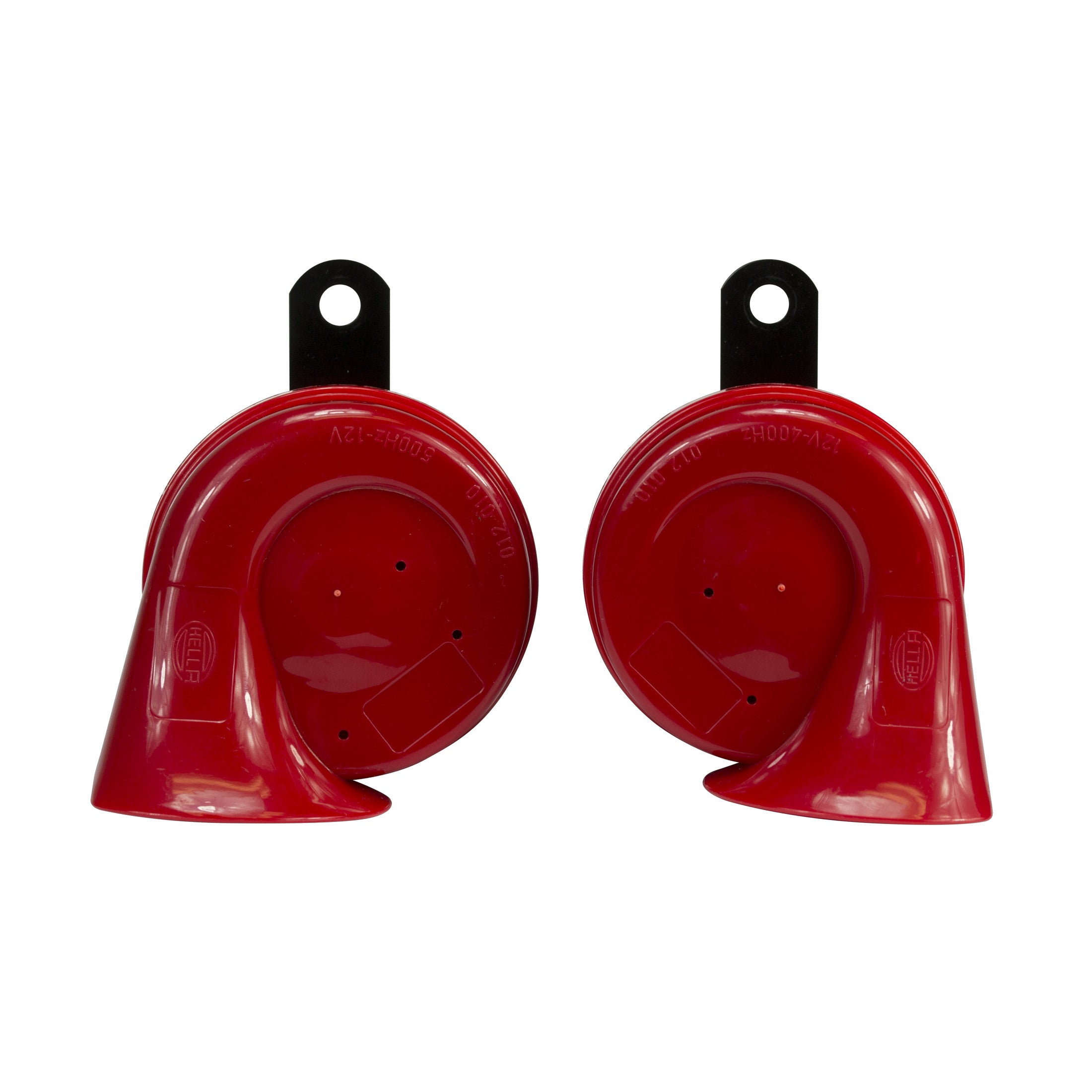 Two red Hella trumpet-style electric twin-tone horns with black mounting brackets.