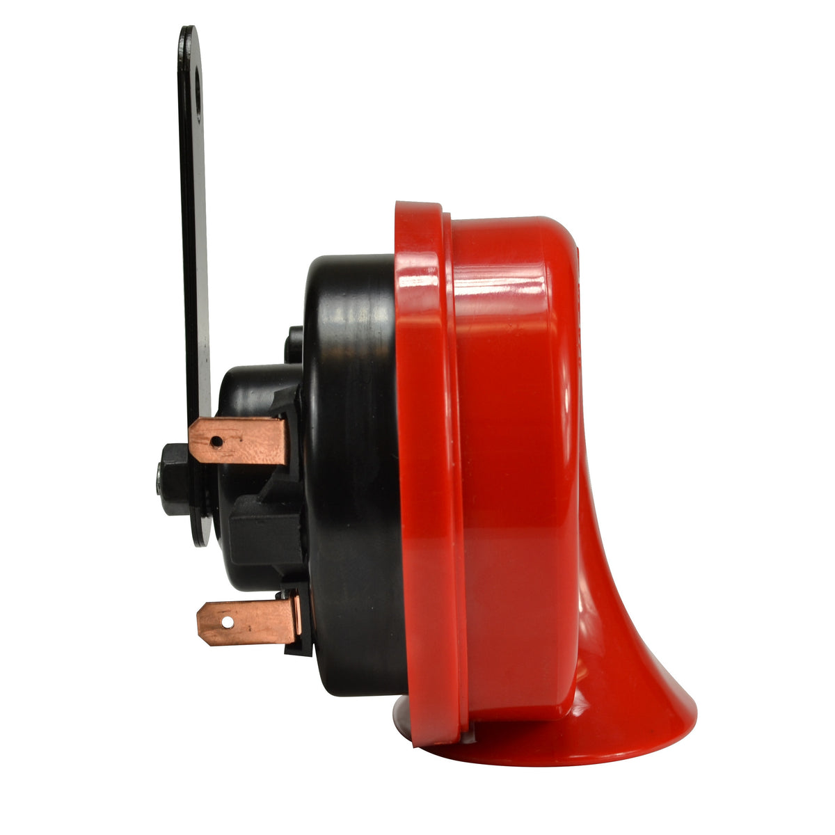 Red and black TE24 Trumpet Electric Twin Tone Style Horn with a black galvanized metal bracket.