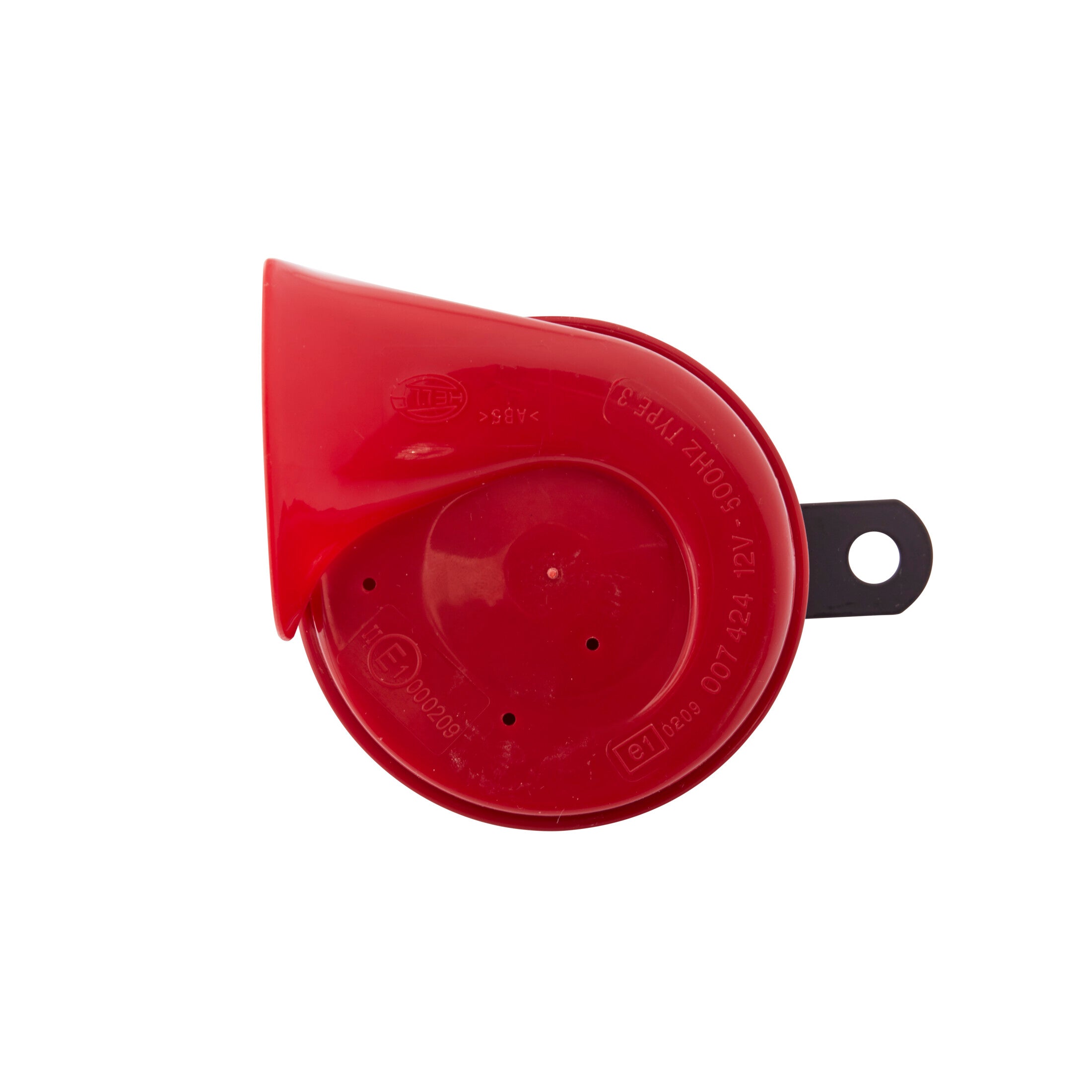 Red HELLA trumpet electric twin-tone style horn with black mounting bracket.