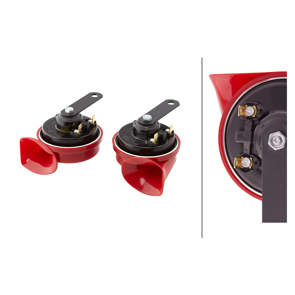 Pair of red and black HELLA twin-tone electric trumpet horns with mounting brackets.