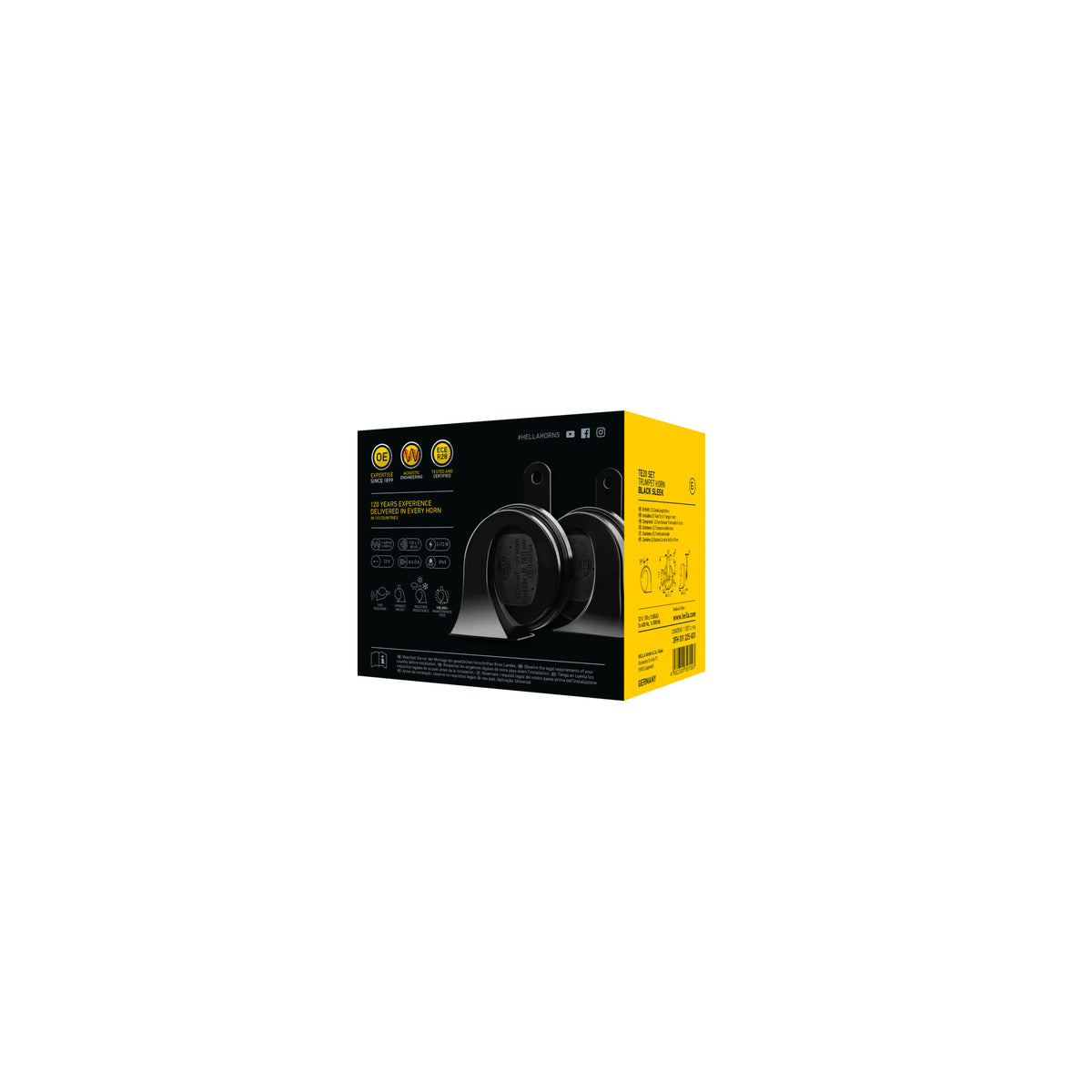 Black ABS plastic TE20 Trumpet Electric Twin Tone Essential Horn set with yellow packaging, showing features and specifications.