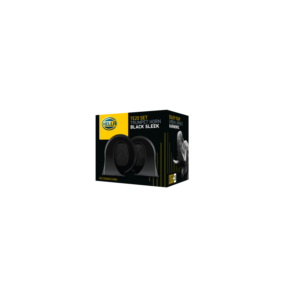 HELLA TE20 Trumpet Horn set in black sleek ABS plastic, shown in packaging with an elephant graphic.