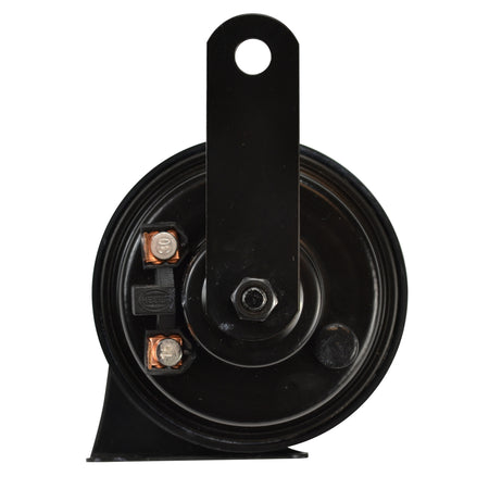 Black HELLA TE20 Trumpet Electric Twin Tone Essential Horn with galvanized mounting bracket and blade terminals.