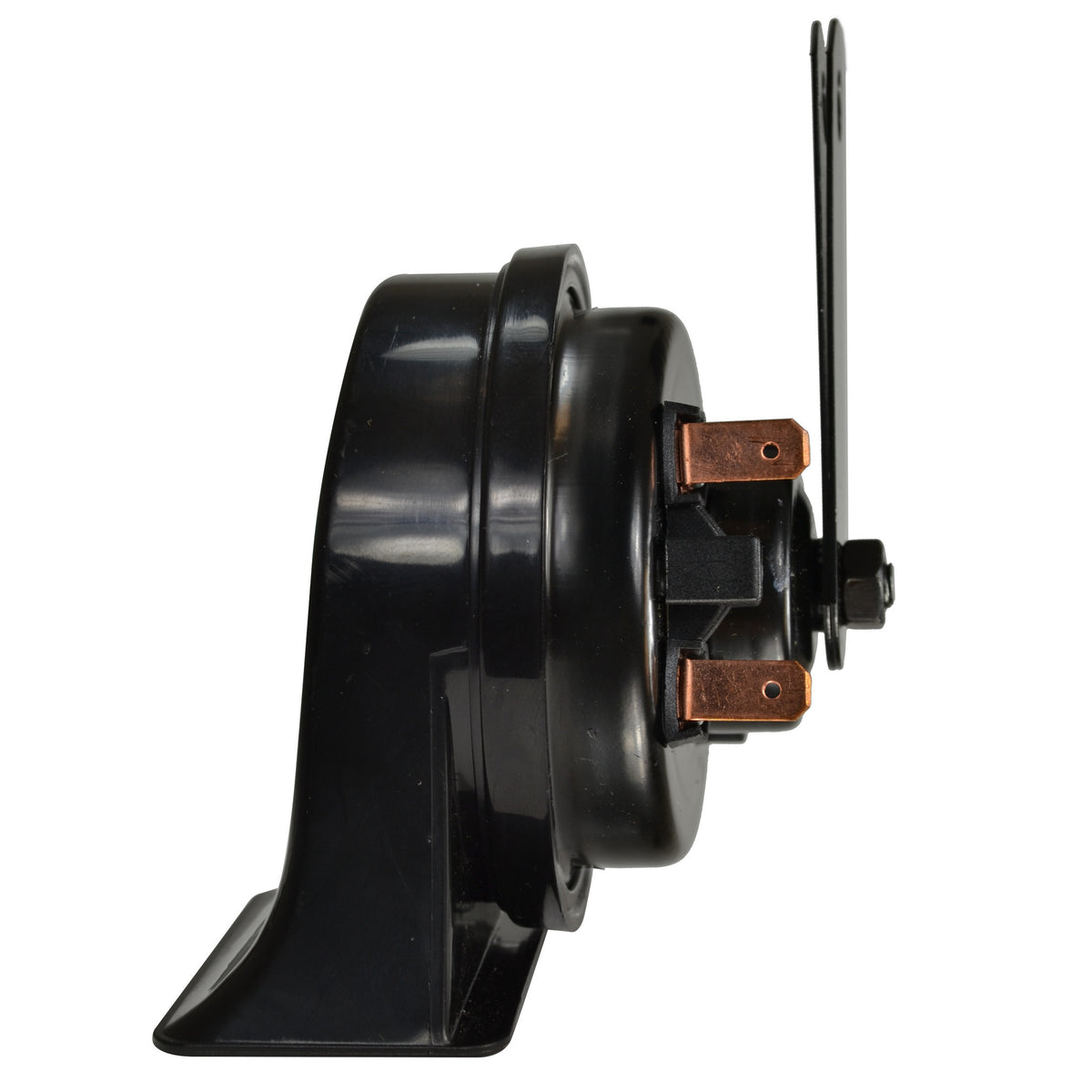Black ABS plastic HELLA TE20 trumpet electric horn with copper terminals and galvanized mounting bracket.