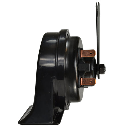 Black ABS plastic HELLA TE20 trumpet electric horn with copper terminals and galvanized mounting bracket.
