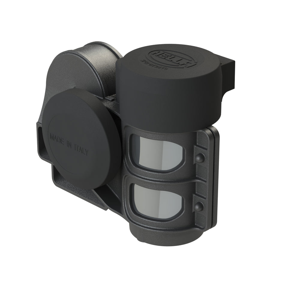 Black HELLA CA26 compact electric-pneumatic horn with integrated compressor, "MADE IN ITALY" embossed.