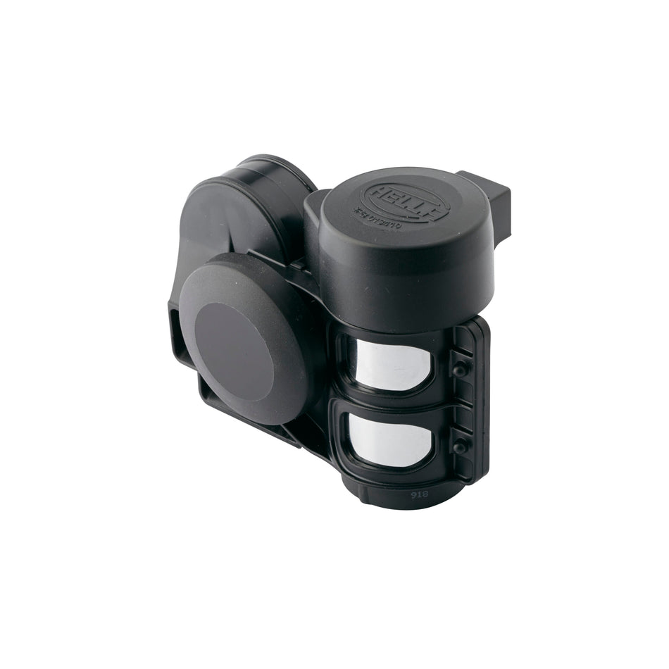 Black HELLA CA26 compact electric-pneumatic horn with integrated compressor, ideal for motorcycles and vehicles.