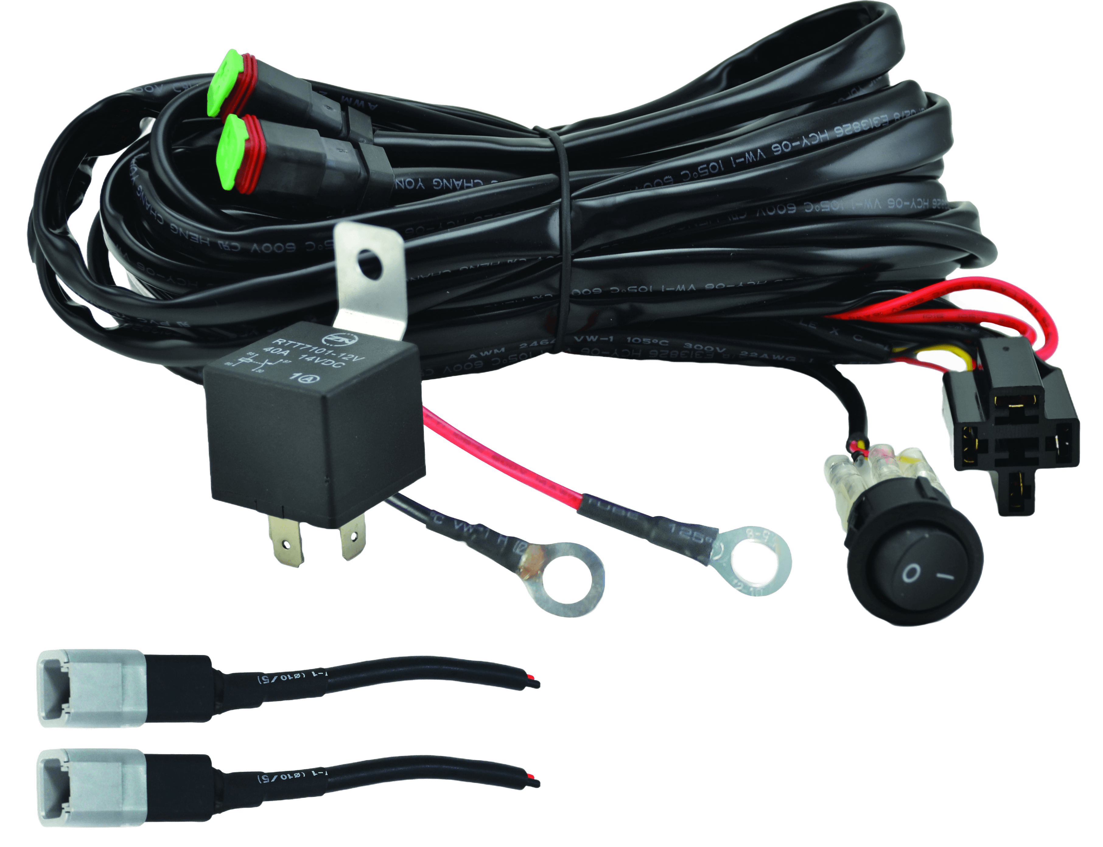 Black HVF wiring harness for two lights with relay, switch, and connectors.