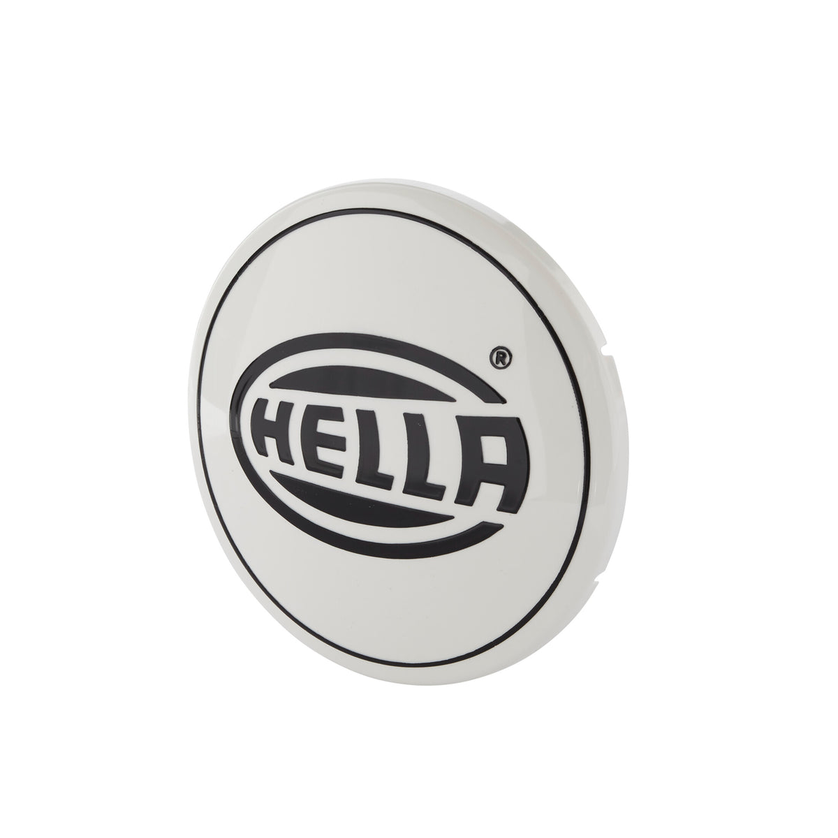 White HELLA Rallye 4000 Compact light cover with bold black HELLA logo and black trim.