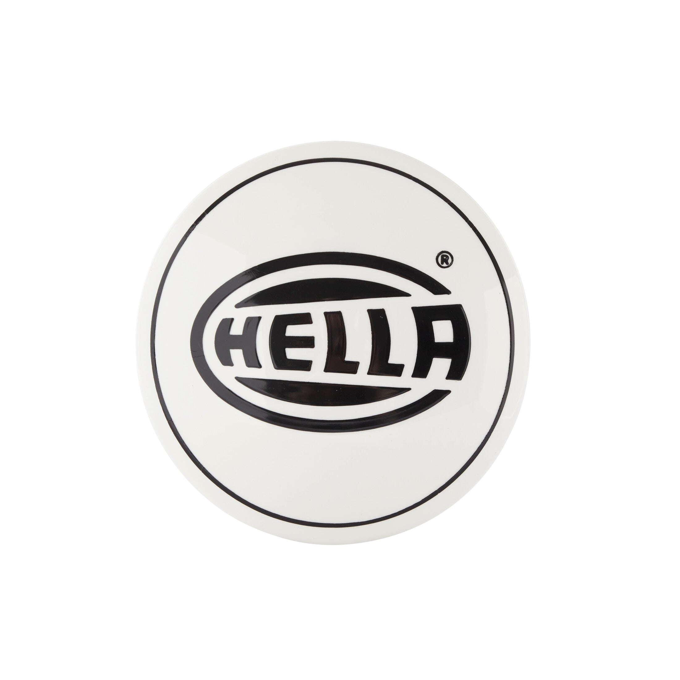 White HELLA Rallye 4000 Compact Cover with a black HELLA logo and thin black border.