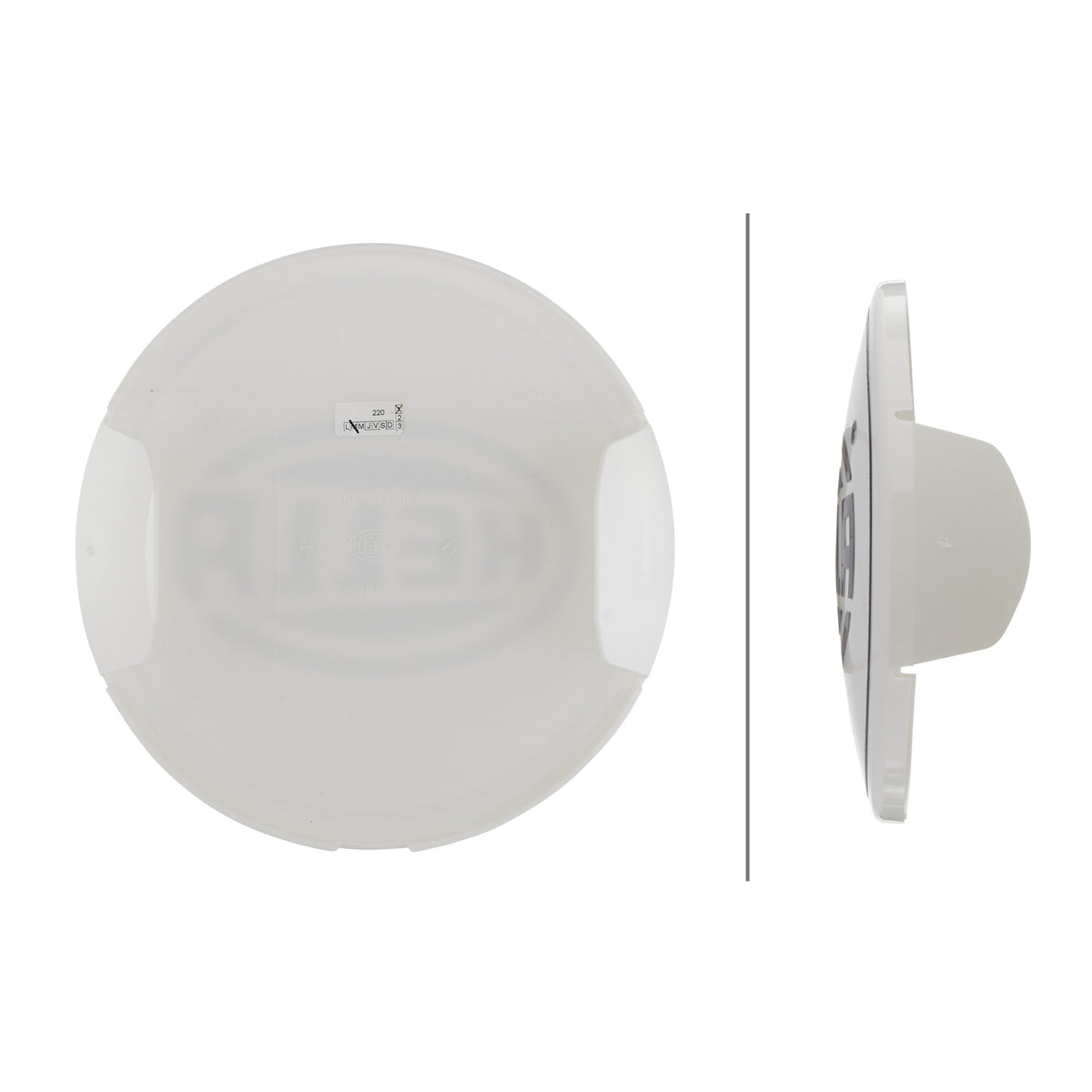 White translucent HELLA Rallye 4000 Compact Series cover, front and side view, with embossed branding.