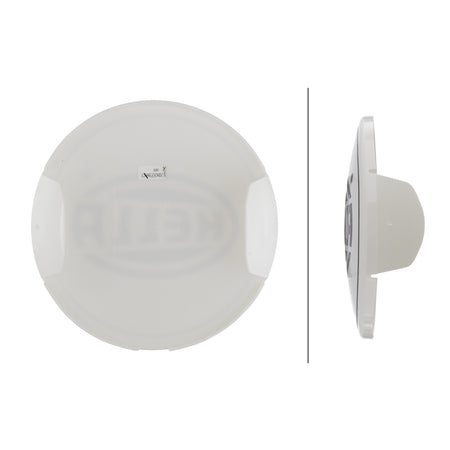 White translucent HELLA Rallye 4000 Compact Series cover, front and side view, with embossed branding.