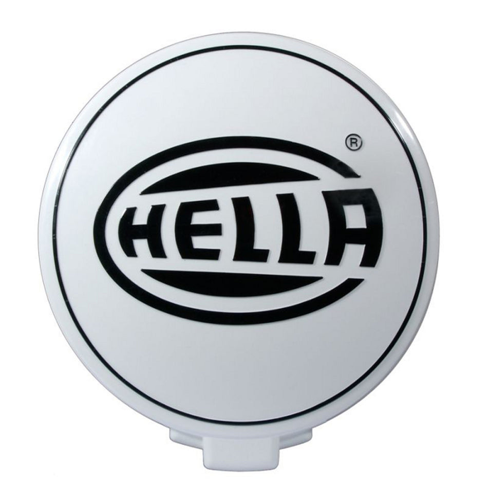White round Hella 500 Series light cover with black HELLA logo, made of durable plastic.