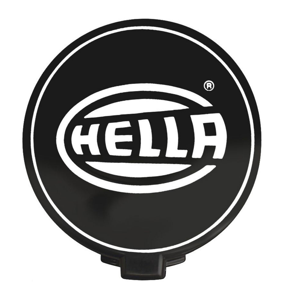 Black Hella 500 Series light cover with white HELLA logo, made of durable, impact-resistant plastic.