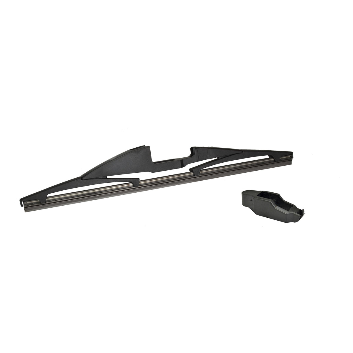 Black Hella rear windshield wiper blade with a sleek design and separate connector.