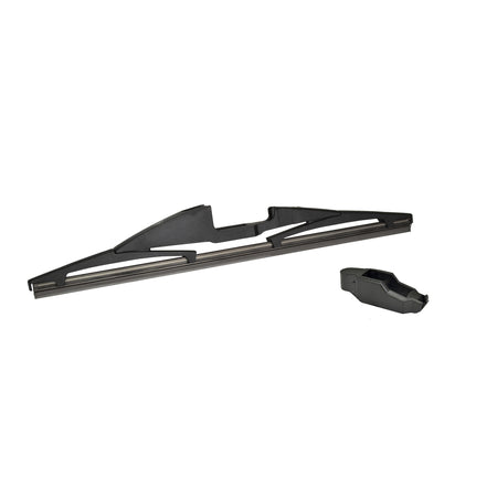 Black Hella rear windshield wiper blade with a sleek design and separate connector.