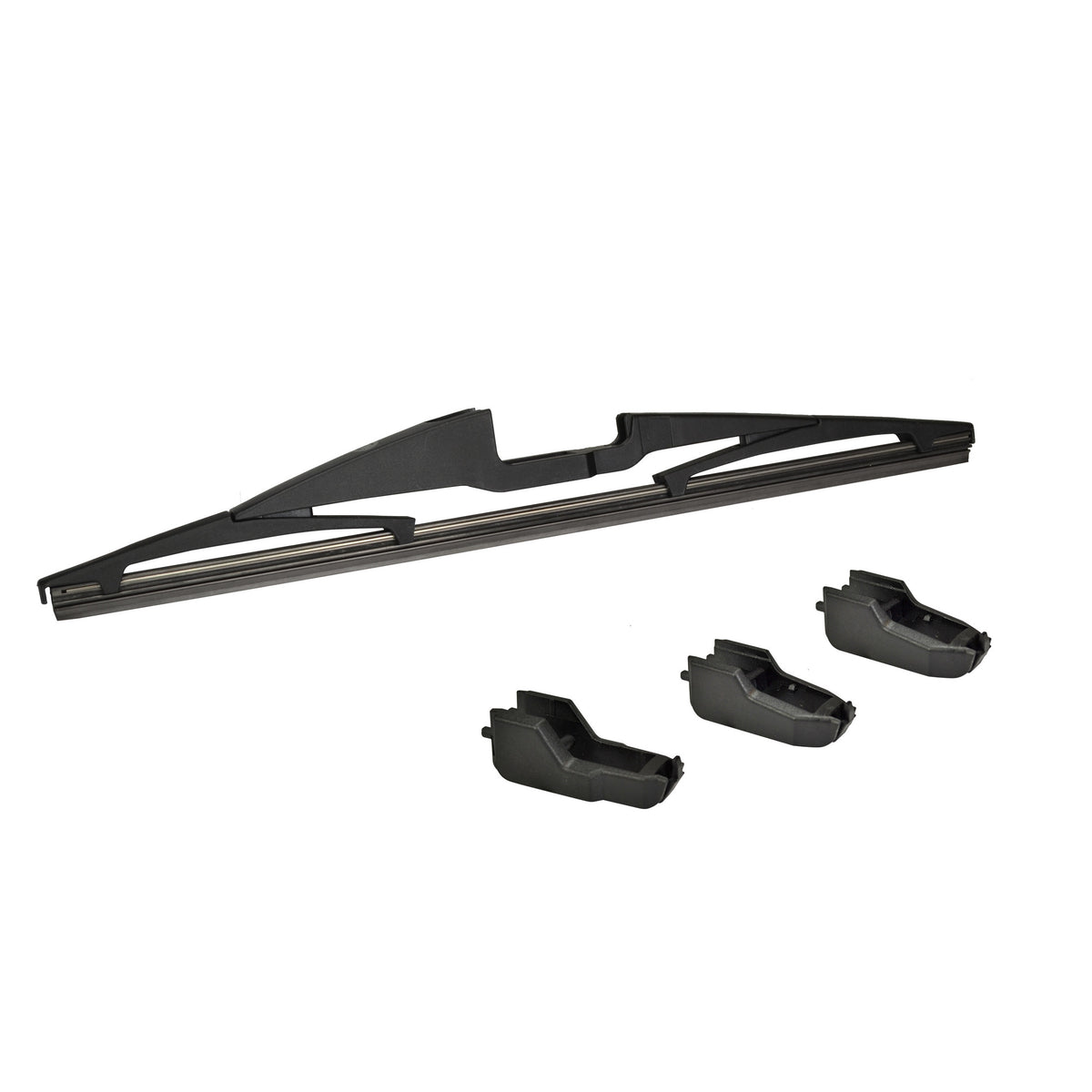 Black rear windshield wiper blade with three interchangeable adapters.