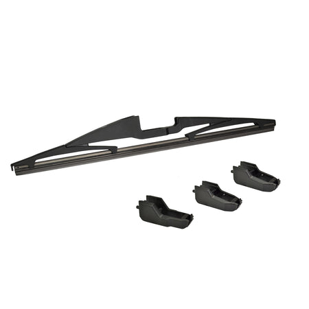 Black rear windshield wiper blade with three interchangeable adapters.