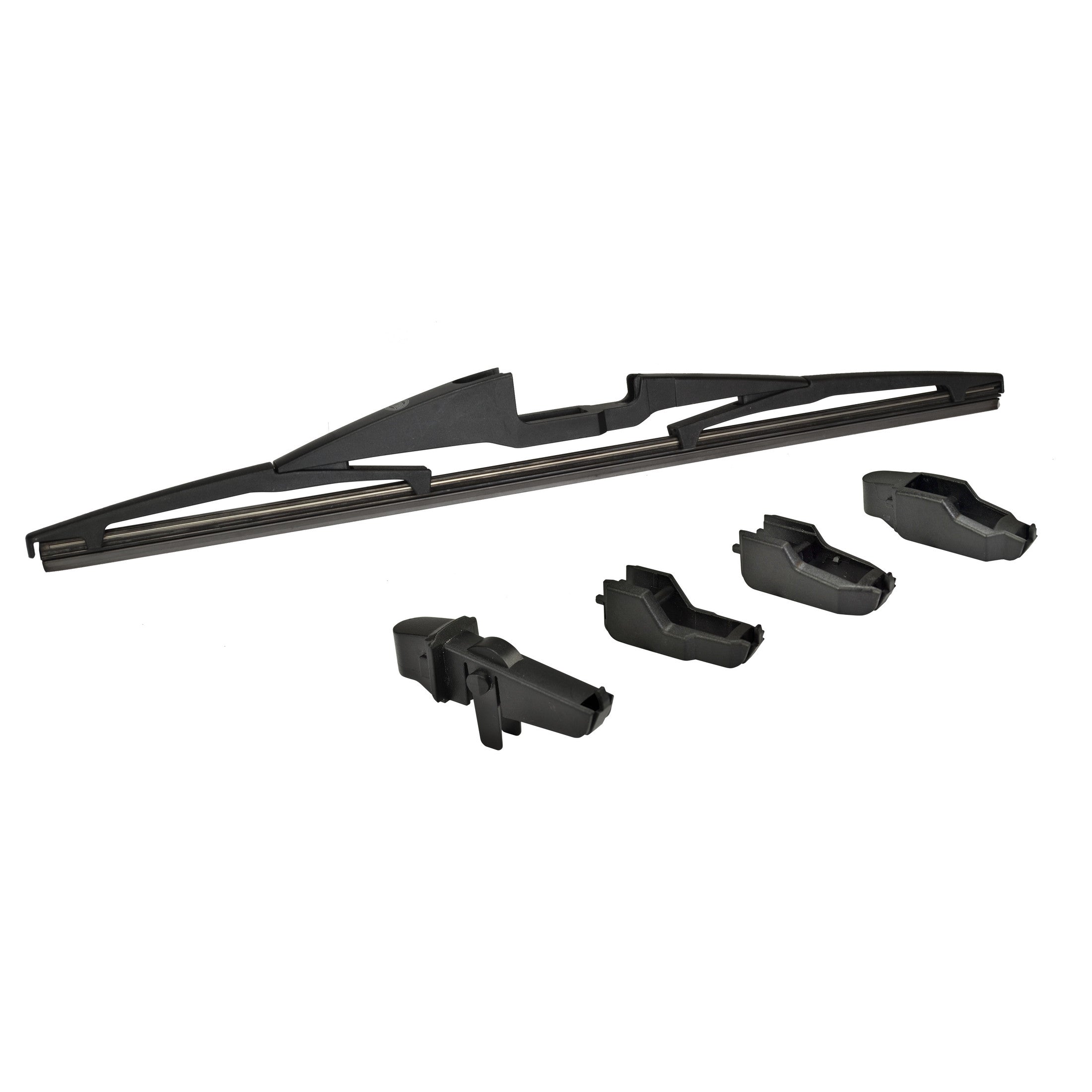 Black Hella rear windshield wiper blade with four interchangeable adapters for easy installation.