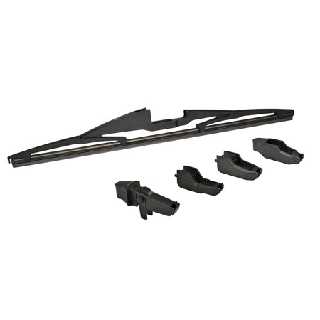 Black Hella rear windshield wiper blade with four interchangeable adapters for easy installation.