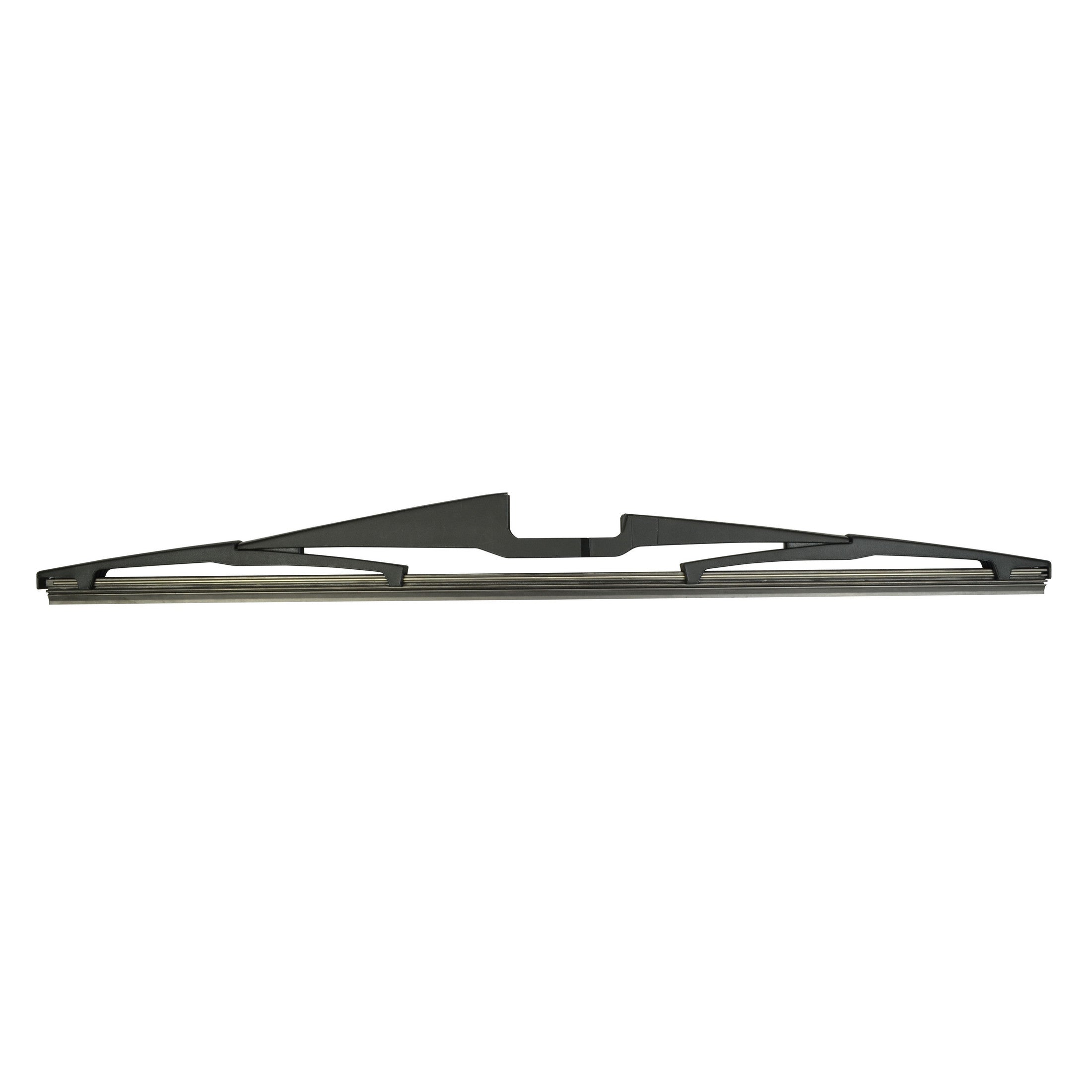 Black Hella rear windshield wiper blade with durable frame and rubber wiping edge.