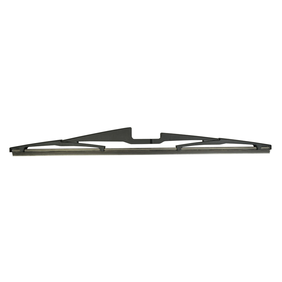 Black Hella rear windshield wiper blade with durable frame and rubber wiping edge.