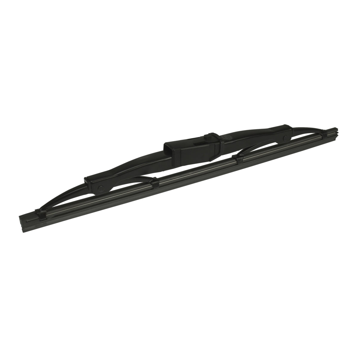 Black rear windshield wiper blade with durable frame and rubber squeegee.