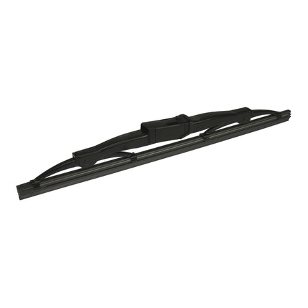 Black rear windshield wiper blade with durable frame and rubber squeegee.