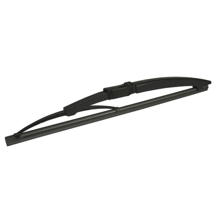 Black Hella rear windshield wiper blade with durable frame and rubber wiping edge.