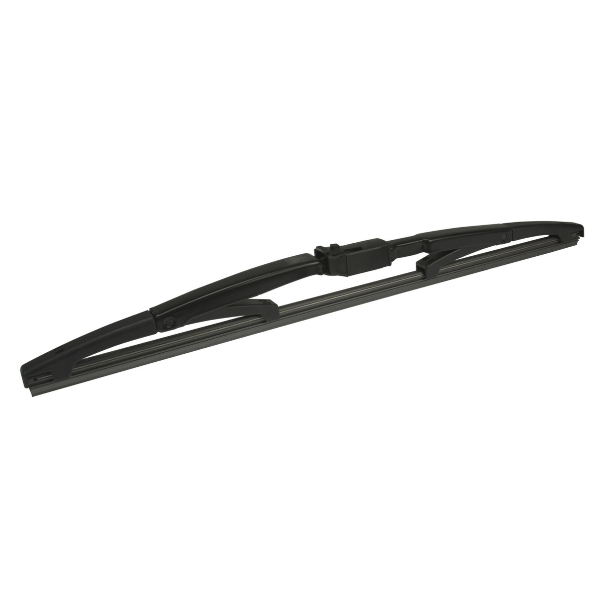 Black Hella rear windshield wiper blade with durable rubber and plastic construction.
