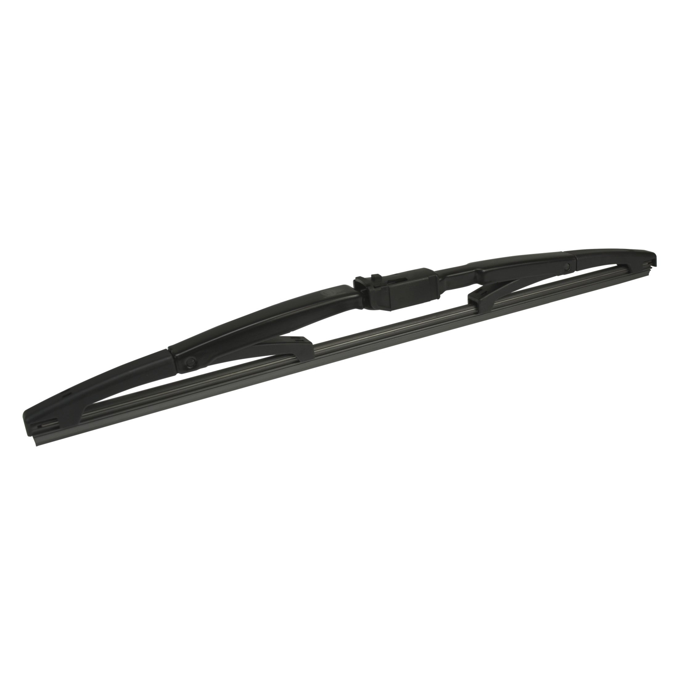 Black Hella rear windshield wiper blade with durable rubber and plastic construction.