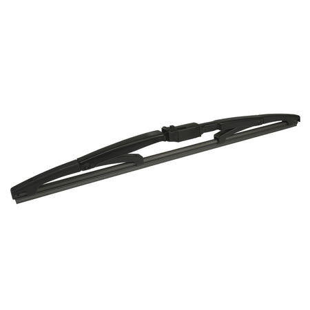 Black Hella rear windshield wiper blade with durable rubber and plastic construction.