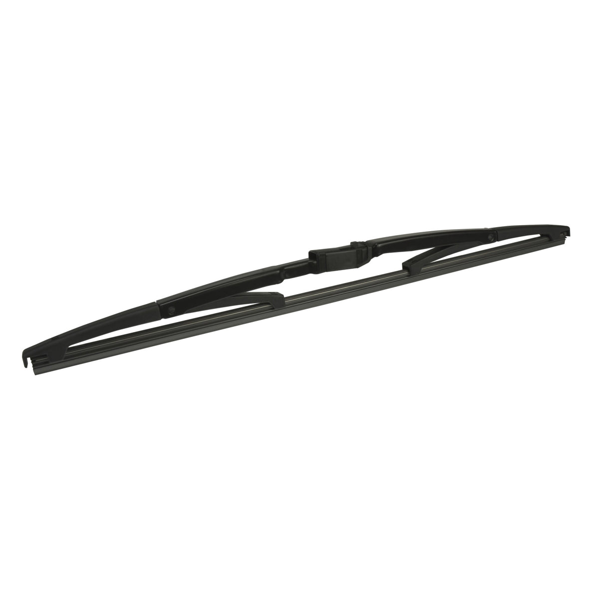 Black Hella rear windshield wiper blade, sleek design for streak-free visibility.