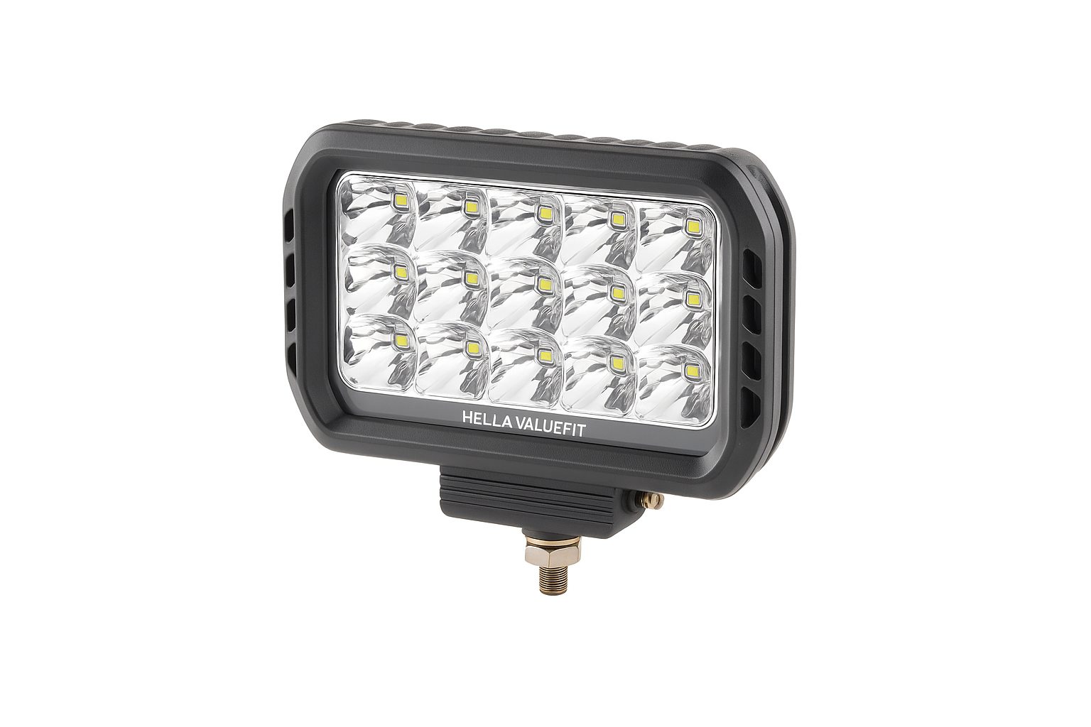 Black rectangular HELLA VALUEFIT 450 LED driving light with 15 bright LED bulbs.