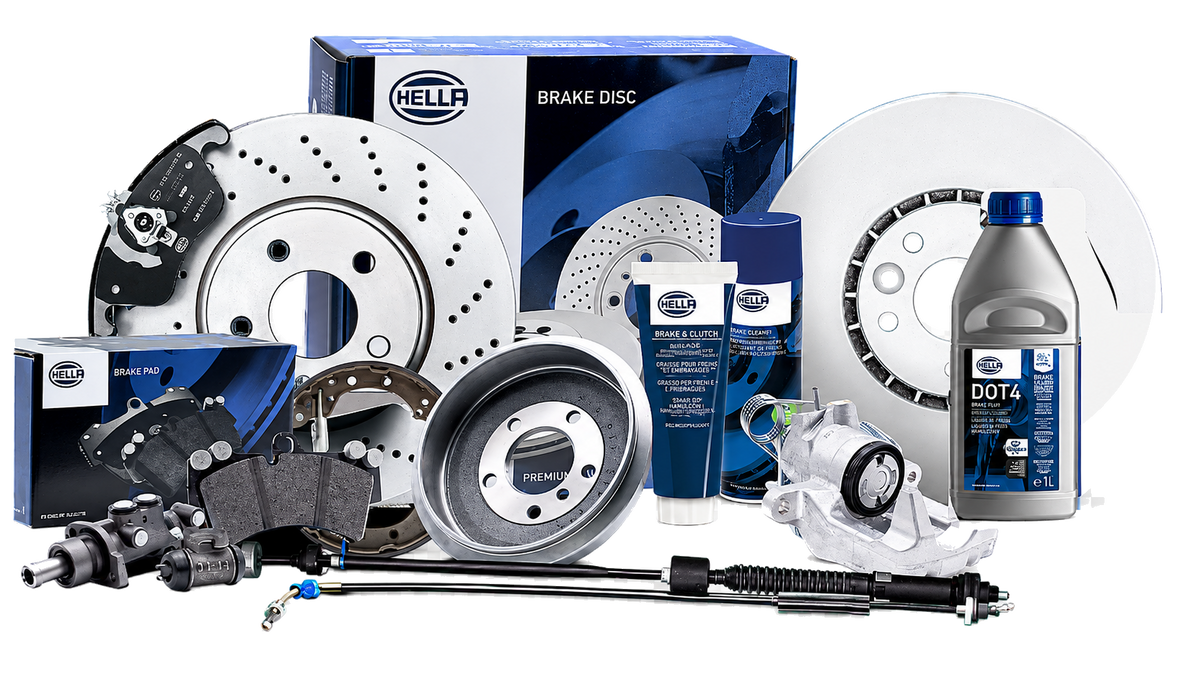 HELLA brake system product range including discs, calipers, pads and brake fluid