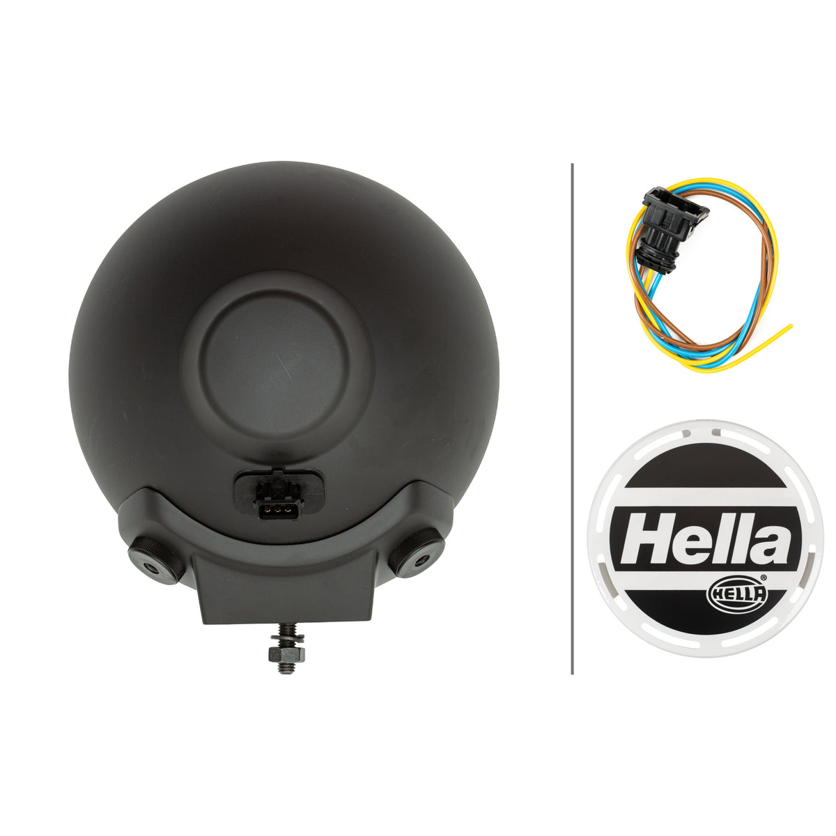 Rallye 4000 Black Halogen Pencil Beam with wiring harness and iconic Hella cover.