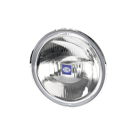 Rallye 4000 Series driving beam insert with clear lens, chrome trim, and blue HELLA logo.