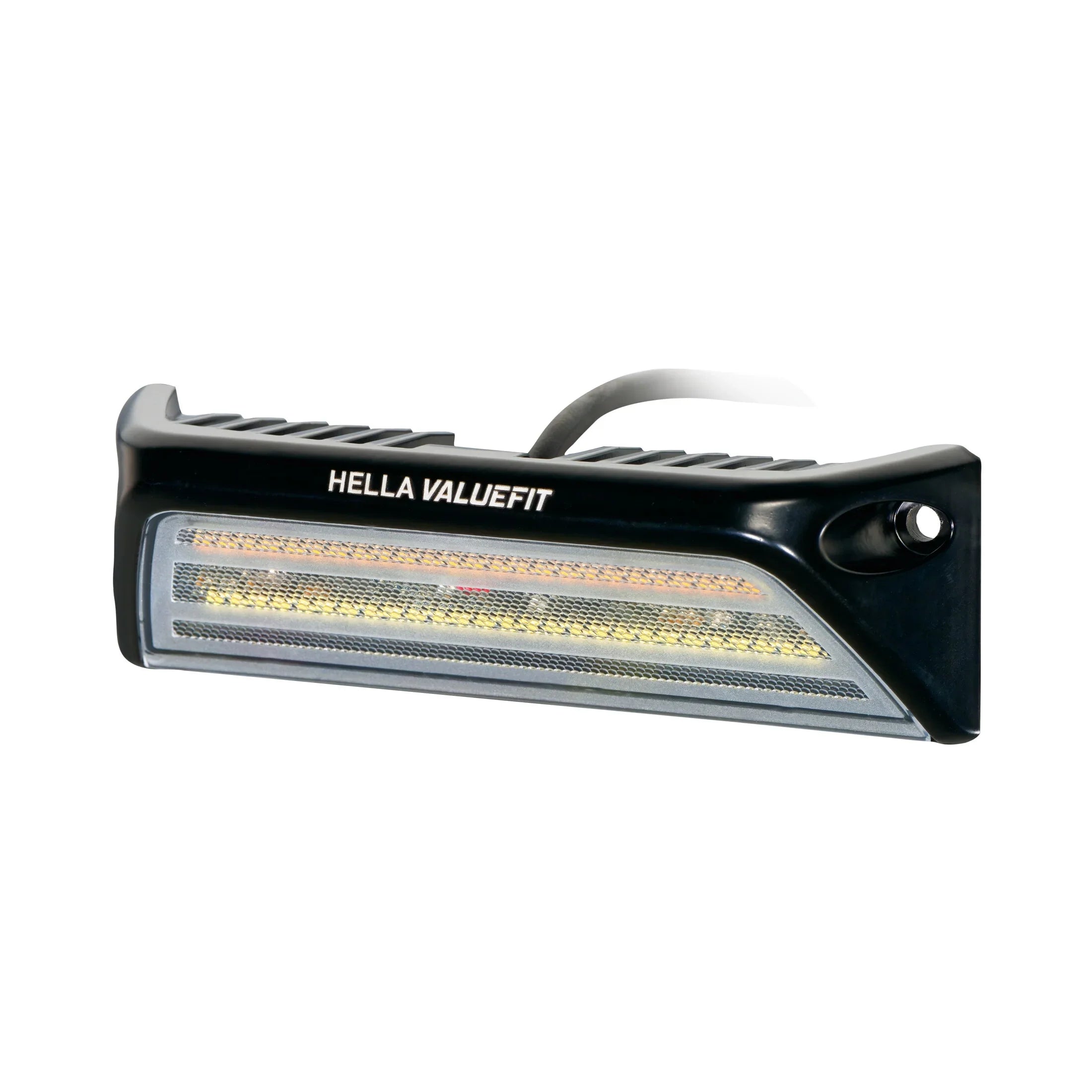 HELLA X-Treme Series LED Driving Lights in amber mode, rugged aluminum housing, IP69K, auxiliary high-beam, off-road ready.